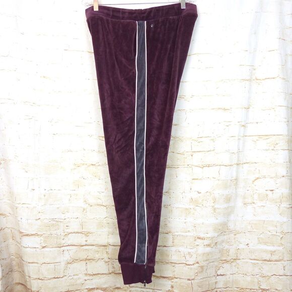 Fabletics Britt Jogger Pants Womens XL Burgundy Velour Gray Side Stripe Zip Leg - Picture 8 of 12